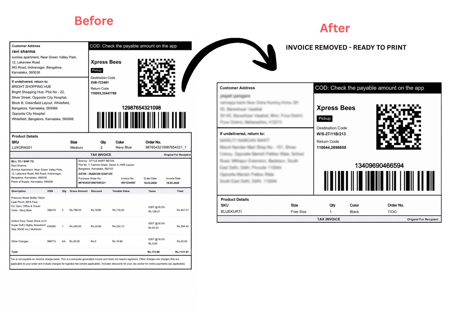 Before and After Meesho label with invoice vs cropped label ready to print