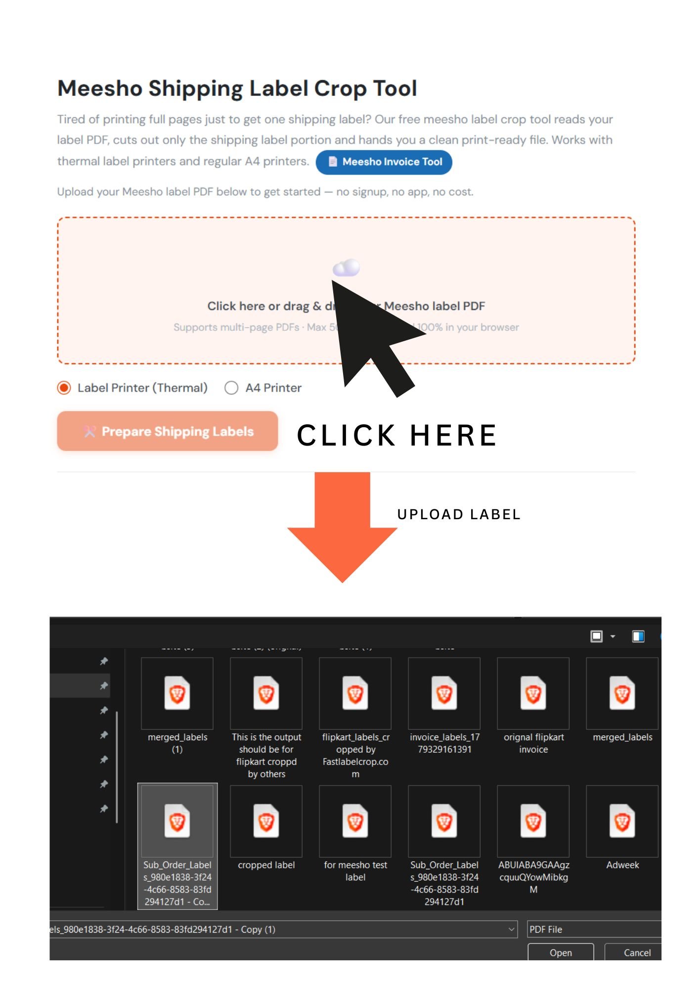 Step 1 Upload Meesho label PDF to Fast Label Crop tool
