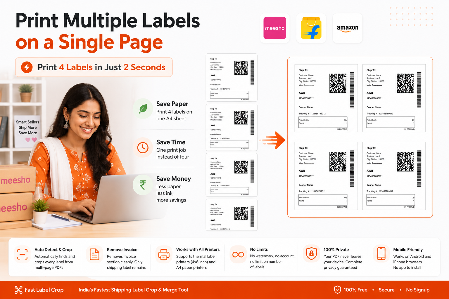 Print 4 Meesho labels on one A4 sheet - Fast Label Crop